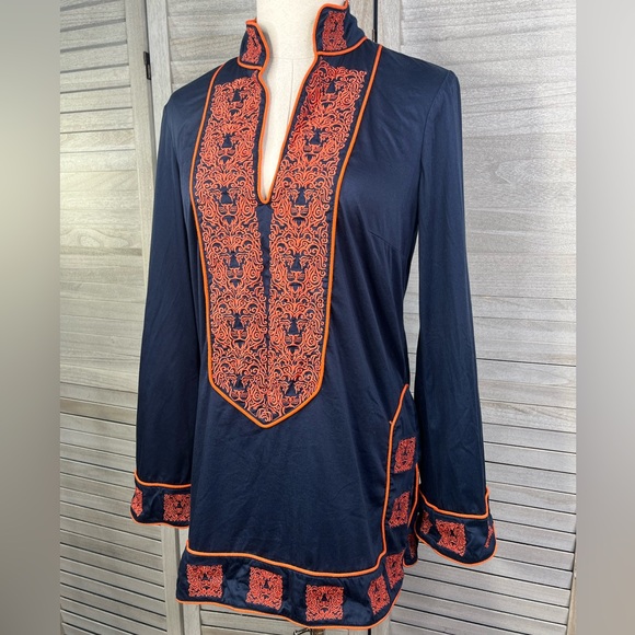ELIZABETH MCKAY Embroidered Tunic Top Resort Wear Navy/Orange-8 - Picture 1 of 4